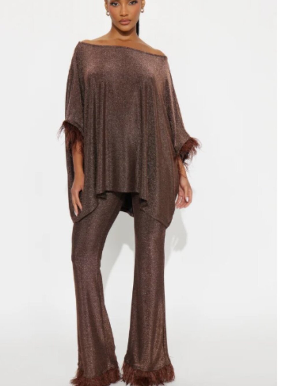 Fashion Nova Metallic Brown Feather-Trim Pant Set
